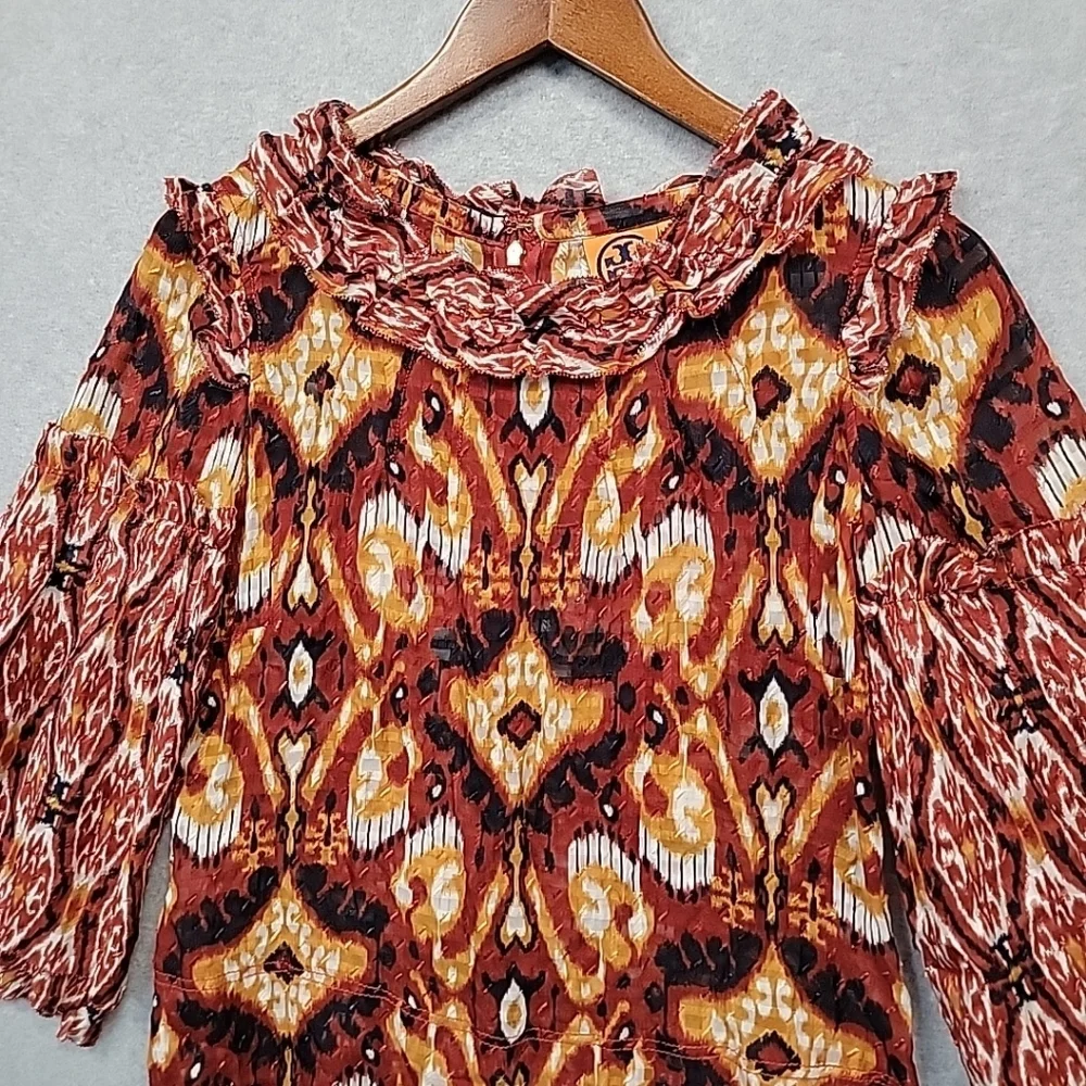 Tory Burch Silk Ikat Boho Blouse Size 6 Ruffle Peasant Flared Sleeve Layered Top